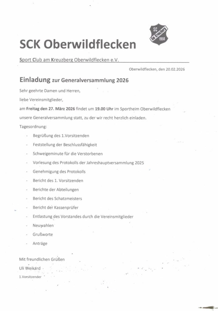 Einladung Generalversammlung SCK Oberwildflecken am 27.03.2026