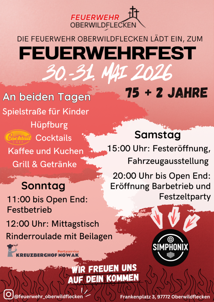 Plakat für Feuerwehrfest der freiwilligen Feuerwehr Oberwildflecken am 30.-31. Mai 2026