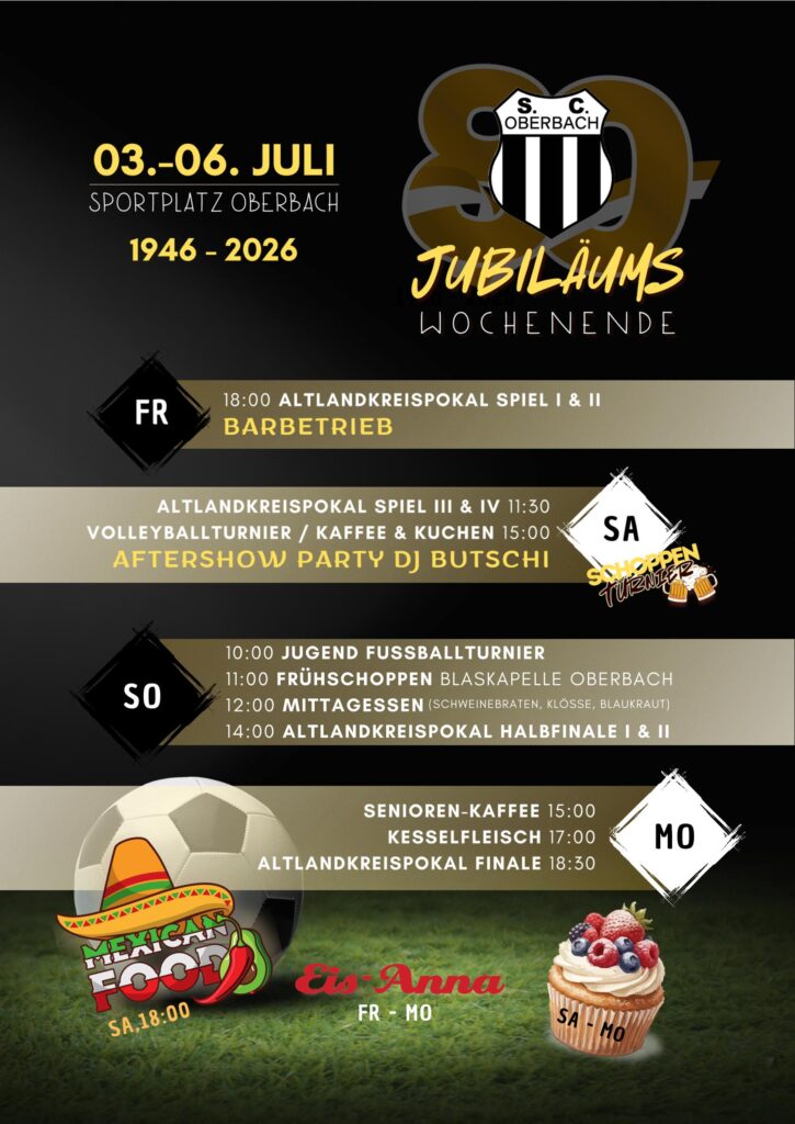 Plakat für Jubiläumswochenende SC Oberbach vom 3.-6- Juli 2026