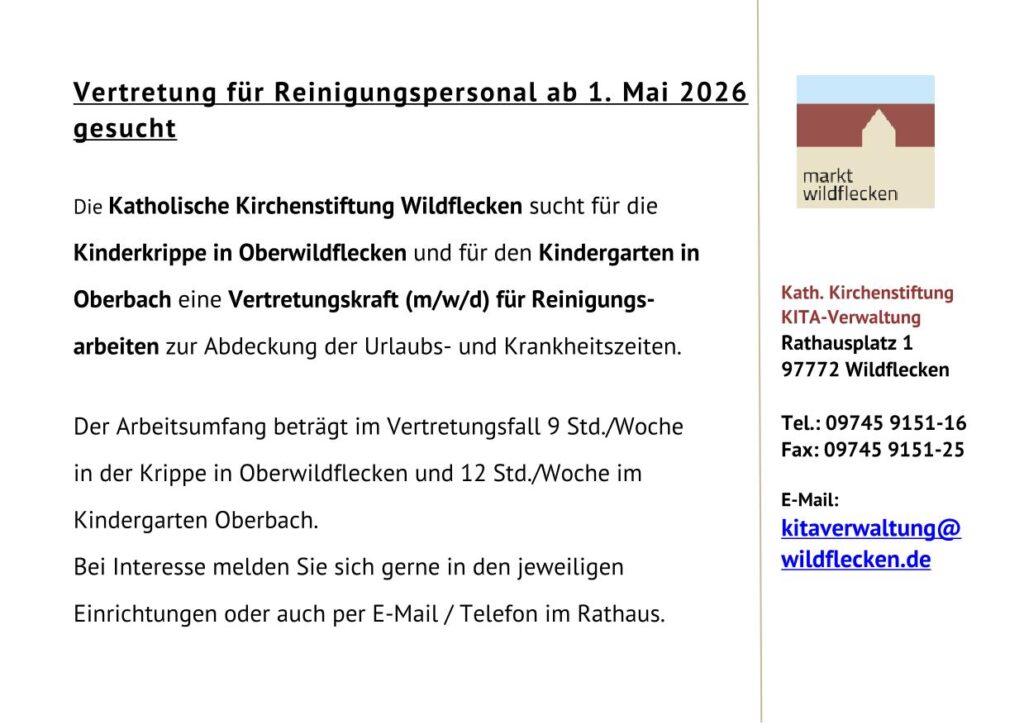 Stellenausschreibung Reinigungspersonal ab 01.05.2026