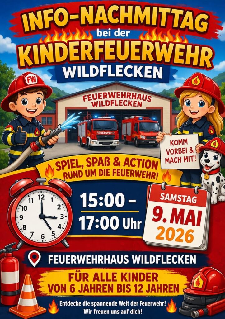 Plakat der freiwilligen Feuerwehr Wildflecken für den Info-Nachmittag der Kinderfeuerwehr am 09.05.2026
