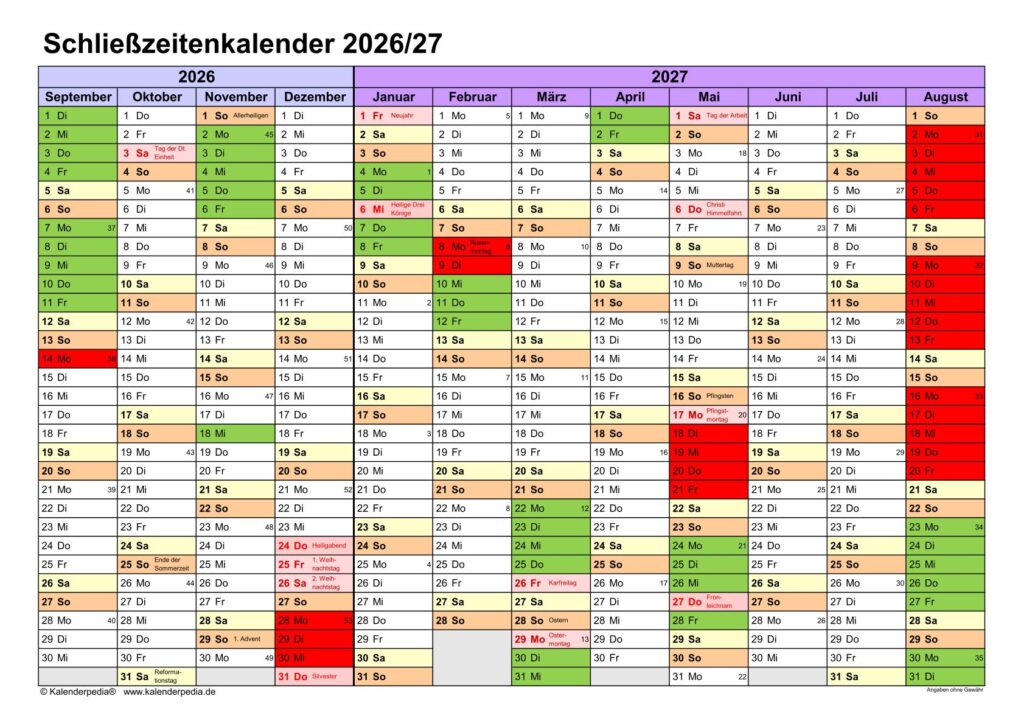 Schließzeiten Schuljahr 2026/2027
