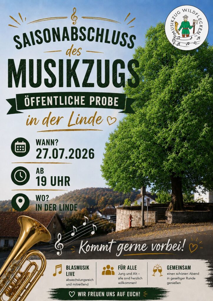 Plakat für Saisonabschluss am 27.07.2026 Musikzug Wildflecken